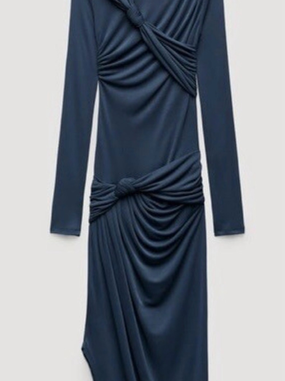 Zara Navy Long-Sleeve Knot-Drape Midi Dress